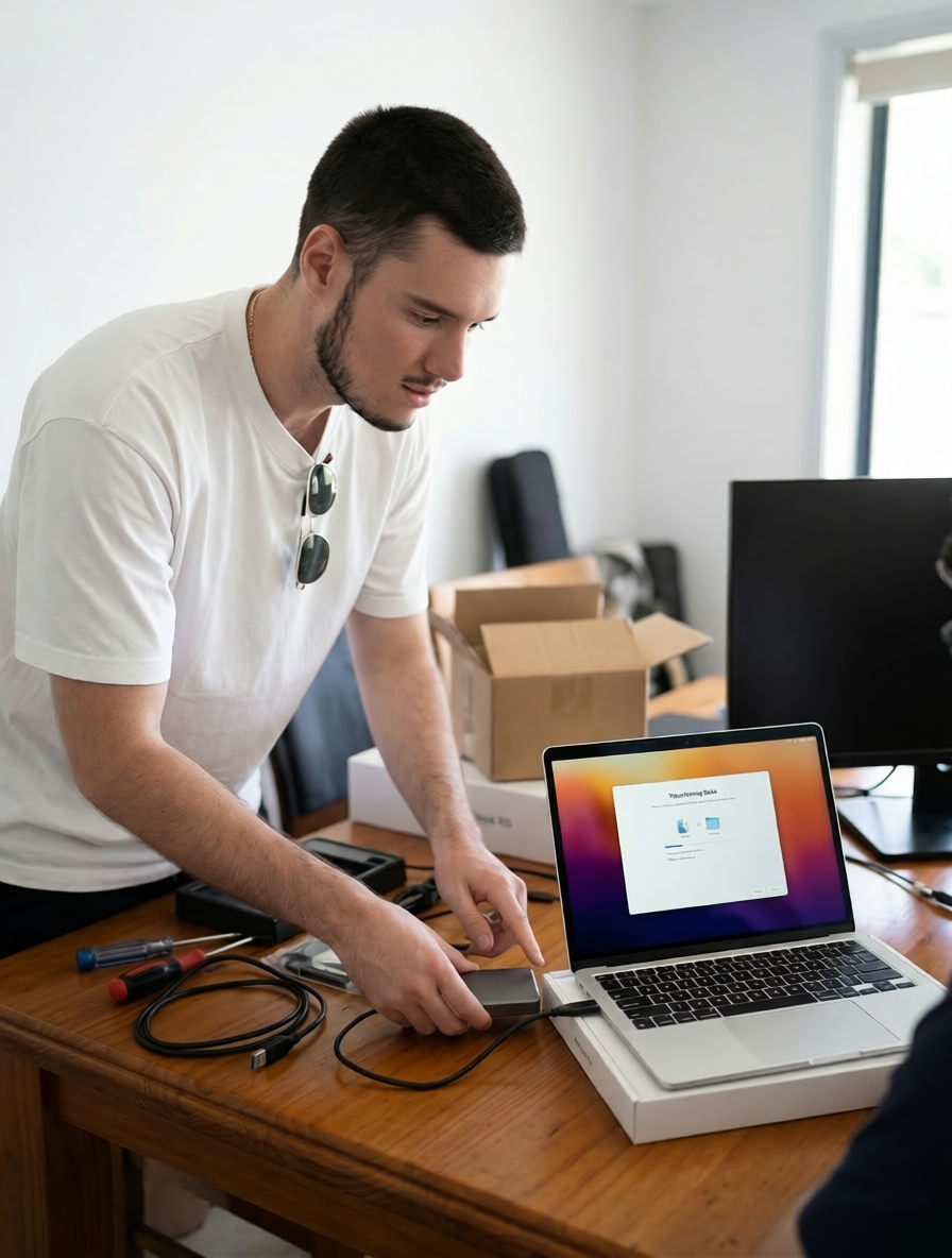 New computer setup Nowra — technician transferring data between laptops during migration