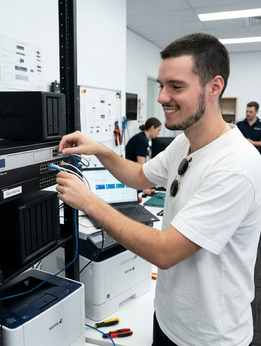 Business IT setup Nowra — technician setting up business network equipment and server hardware