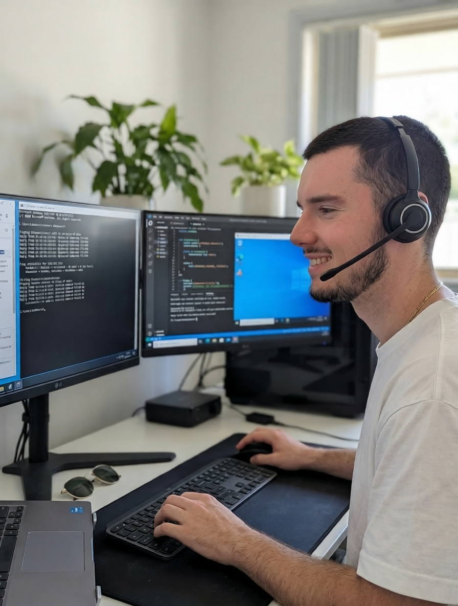 Remote IT support Nowra — technician providing help via headset and screen sharing